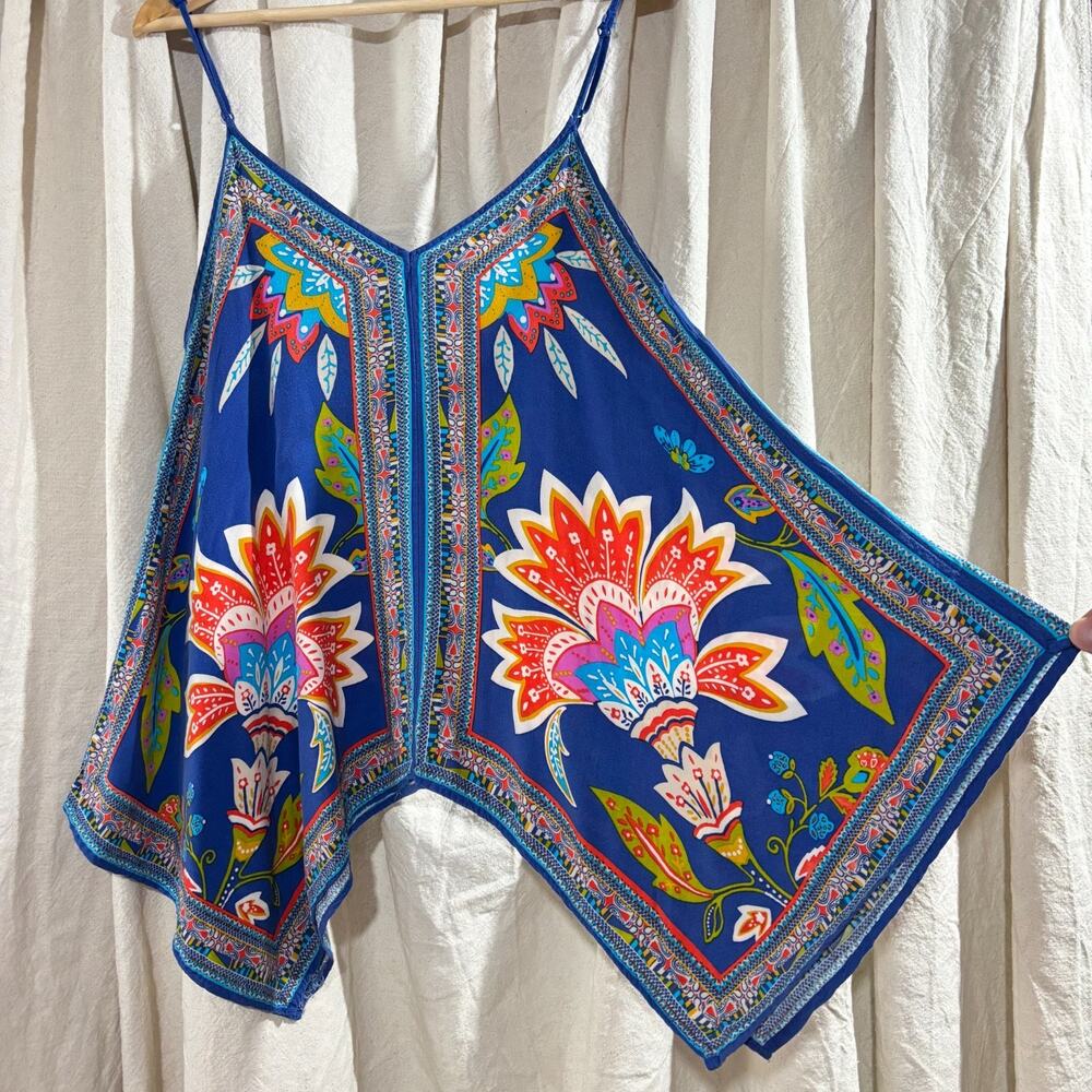 Blue Floral Paisley Hankerchief Hem Cami Summer Festival Tank Top Boho M
